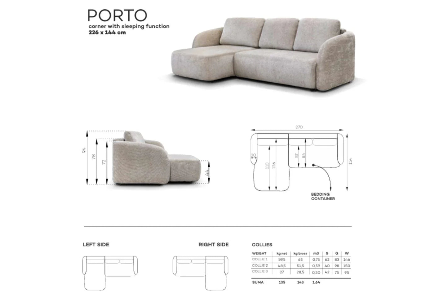 Canapé convertible PORTO en tissu marbella blanc cassé