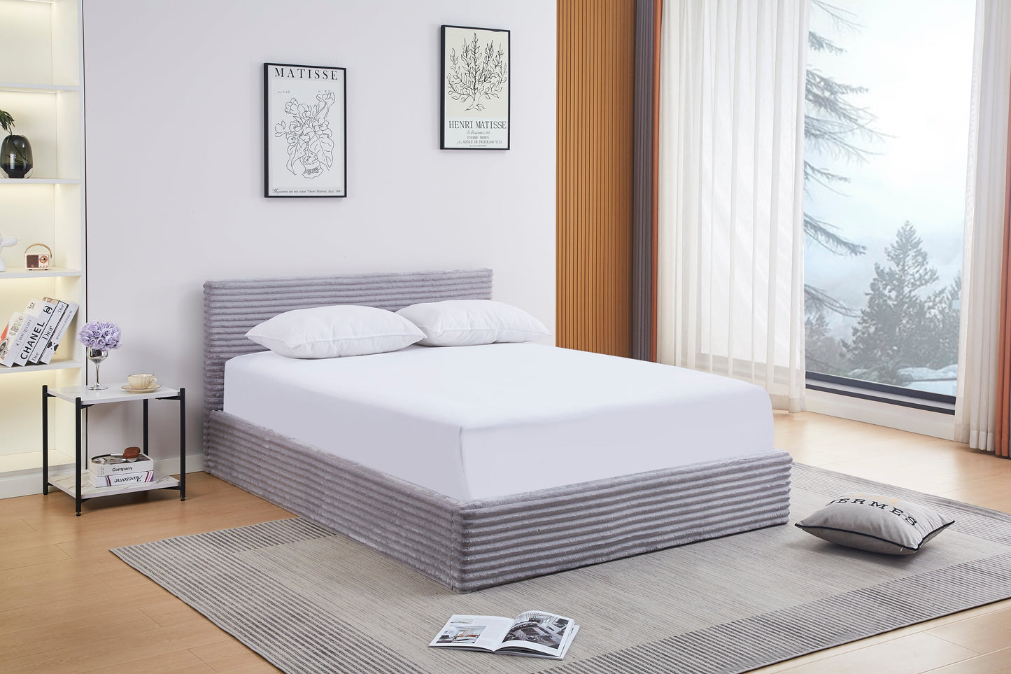 Lit Coffre Maia Gris Tissu Côtelé 140x190