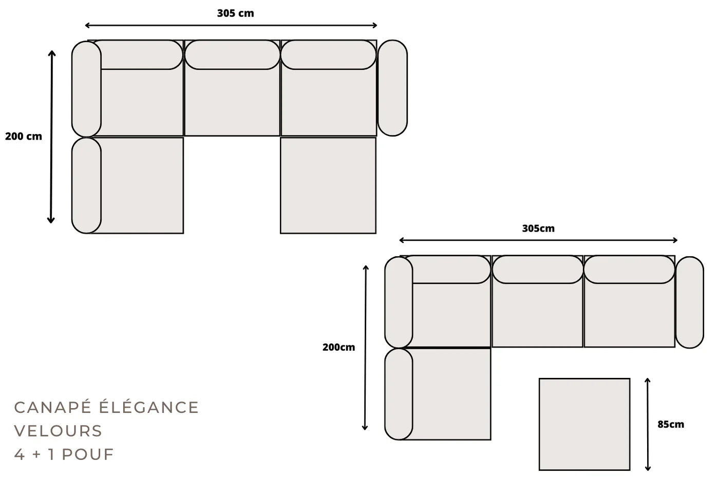 Canapé modulable Élégance 4+1 en Velours beige