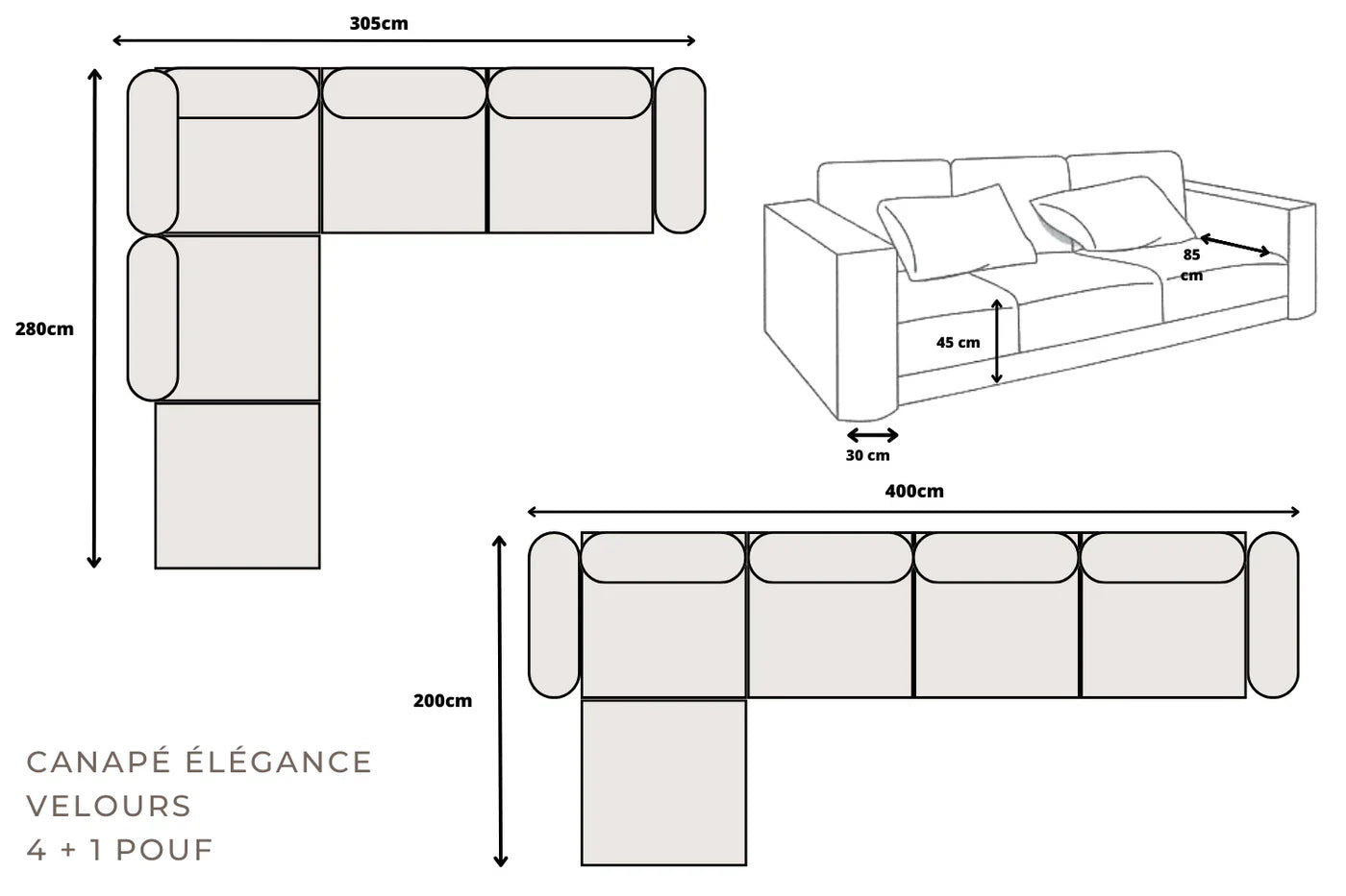 Canapé modulable Élégance 4+1 en Velours beige